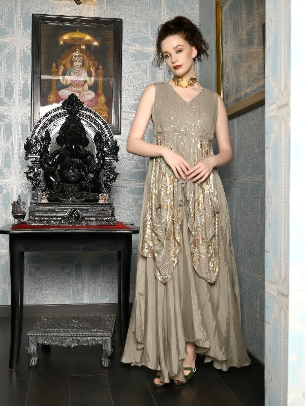 Odette Women Beige Crepe Designer Stitched Indo-Western Dress