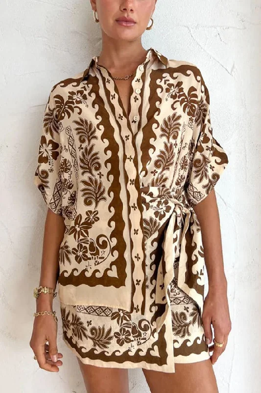 Embrace Hot Nights Linen Blend Ethnic Print Button Shirt and Knotted Waist Mini Skirt Set