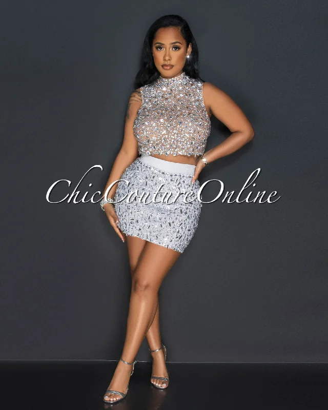 Fantazia Mesh Rhinestones Crop Top & Mini Skirt LUXE Set