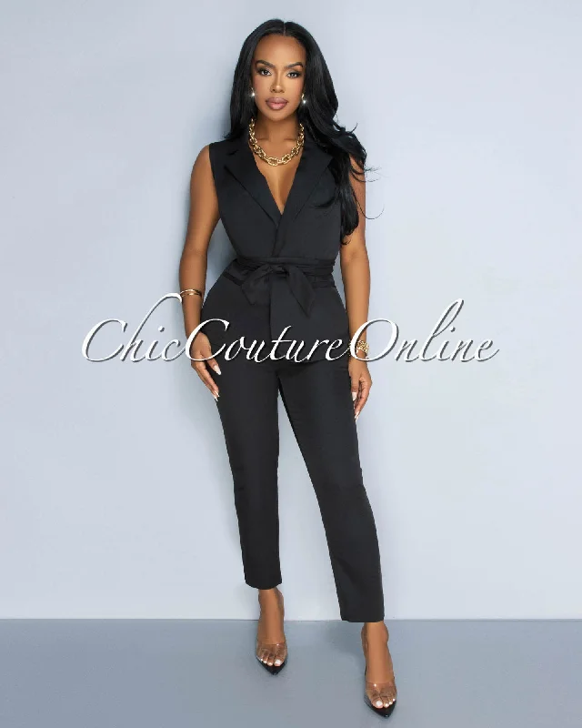 Jaxine Black Self Tie Vest & Slim Legs Pants Set