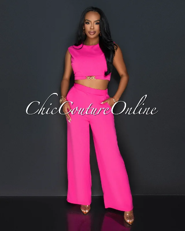 Kalia Fuchsia Gold Accent Crop Top & Wide Pants Set