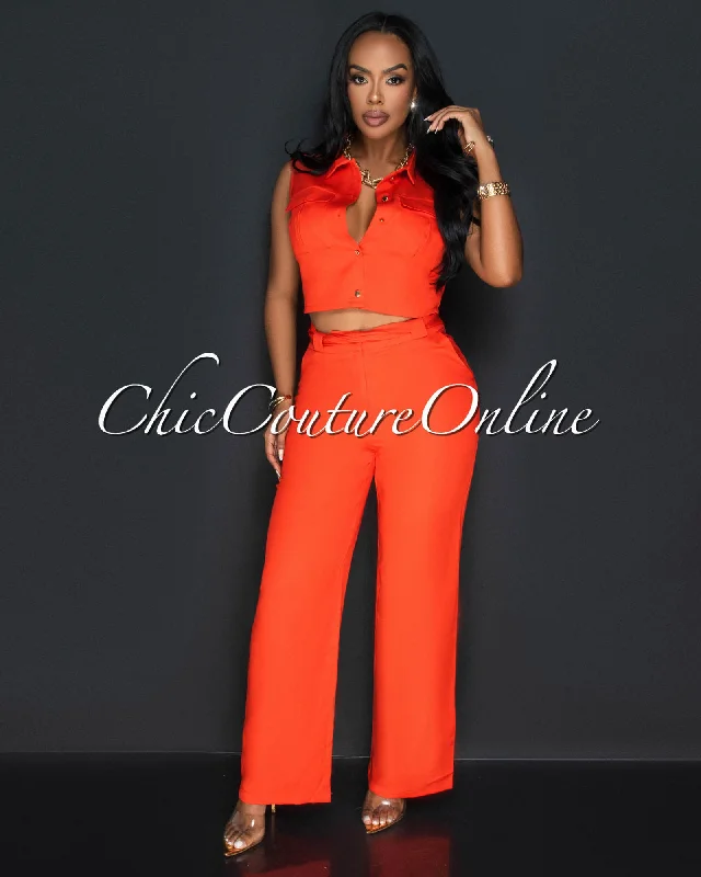 koa-orange-sleeveless-cargo-top-wide-legs-pants-set