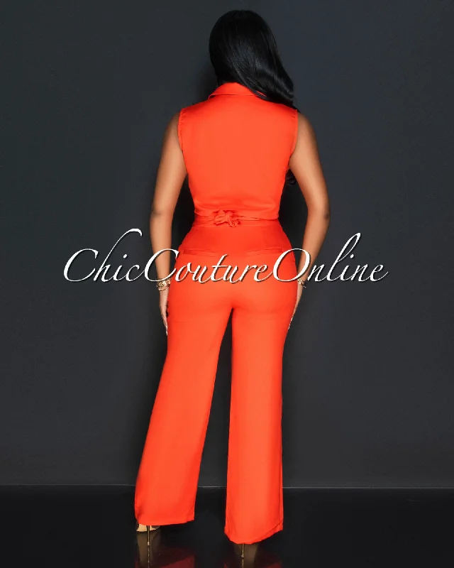 koa-orange-sleeveless-cargo-top-wide-legs-pants-set