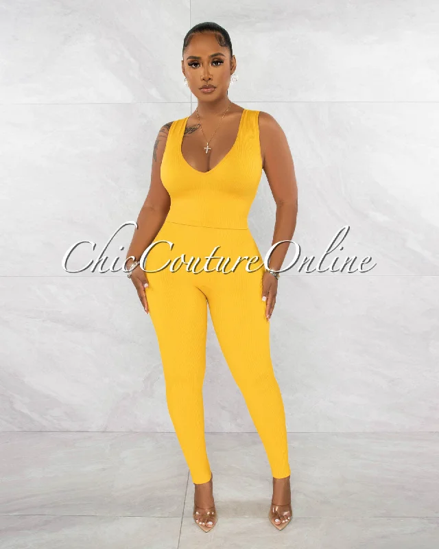 Leonette Mustard Ribbed SCULPTING Crop Top & Leggings Set