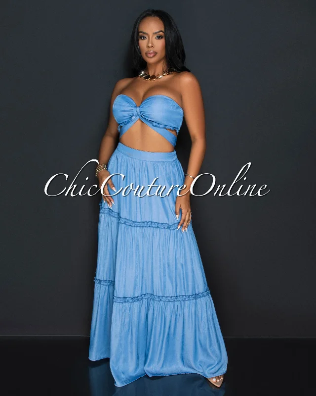 Nema Blue Tube Tie Ruffle Top & Skirt Chambray Set