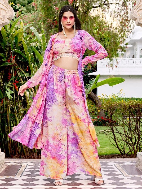 Odette Women Purple Silk Blend Printed Stitched Indo Western Set