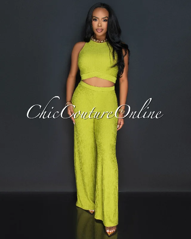 Rohana Lime Crop Top & Wide Pants Textured Set