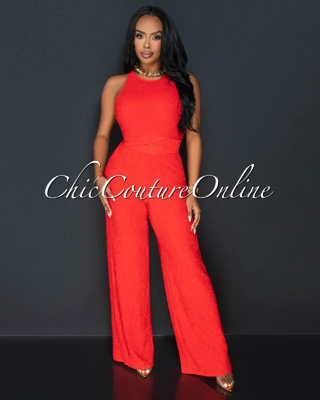 Rohana Orange Crop Top & Wide Pants Textured Set