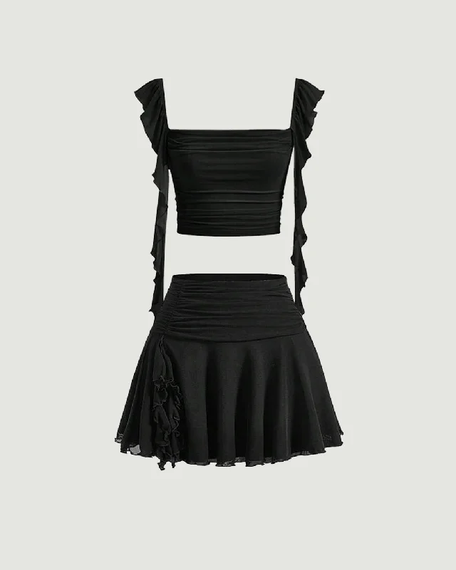 Ruffle Crop Top With Aesthetic Pleated High Waist Black Mini Skirts