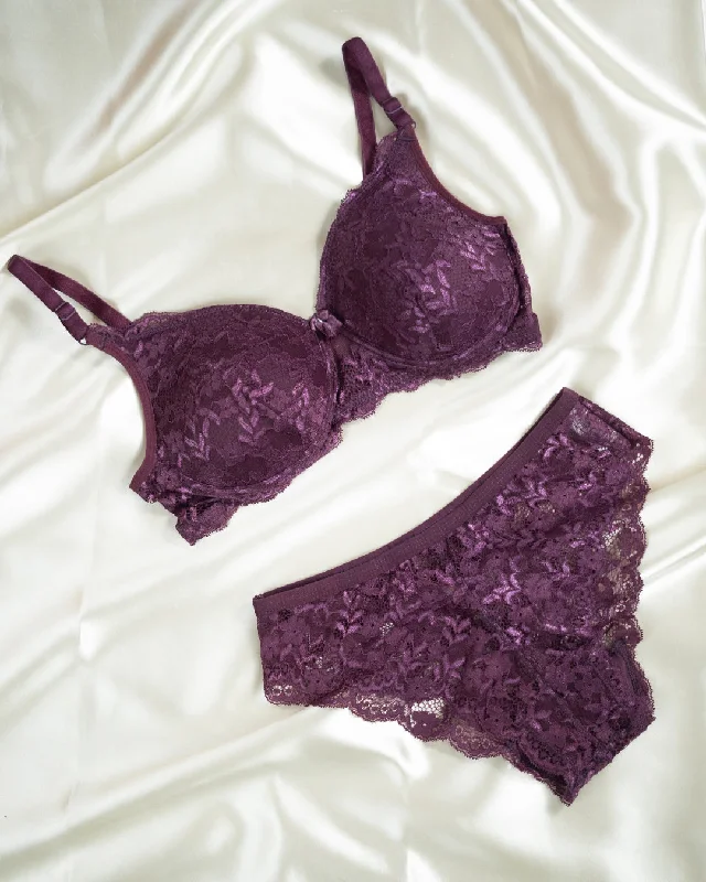 Set : Lace Trim Push Up Lingerie Bra and Panty