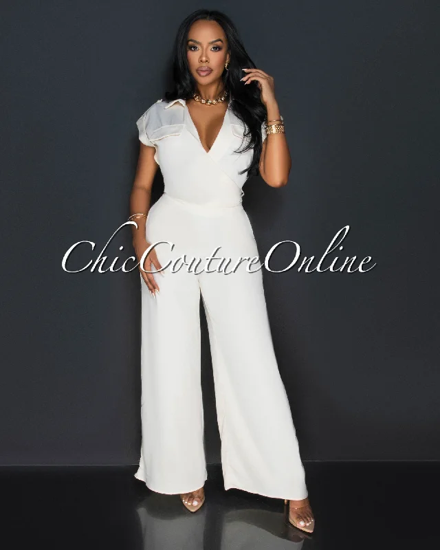 Silo Cream Collared Cross Tie Top & Wide Legs Pants Set