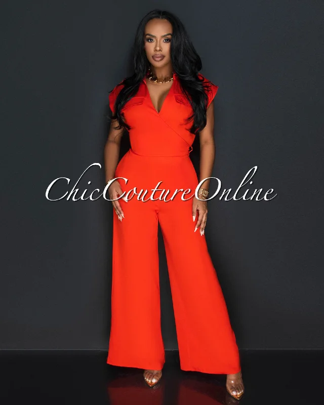 Silo Red Collared Cross Tie Top & Wide Legs Pants Set