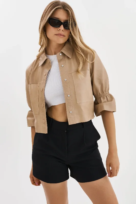 CAROLINA | LEATHER RUFFLE SLEEVE JACKET - BEIGE