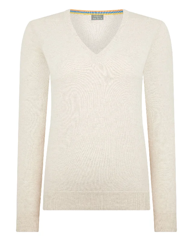 The Jockey Club Women's V Neck Cashmere Sweater Ecru White