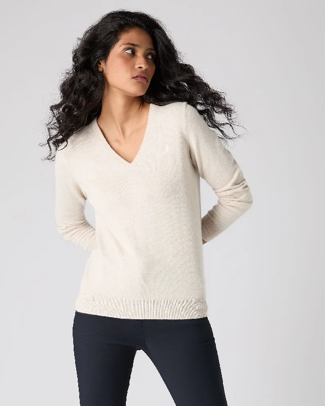 The Jockey Club Women's V Neck Cashmere Sweater Ecru White