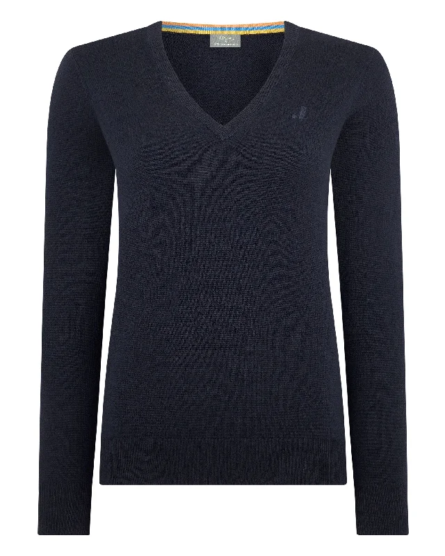 The Jockey Club Women's V Neck Cashmere Sweater Navy Blue