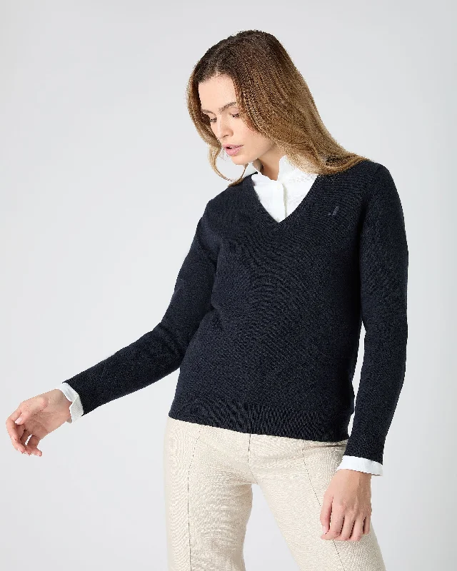 The Jockey Club Women's V Neck Cashmere Sweater Navy Blue