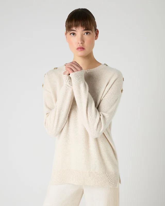 Women's Button Shoulder Round Neck Cashmere Sweater Ecru White