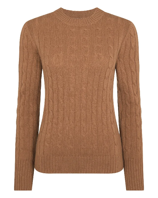 Women's Adelyn Cable Round Neck Cashmere Sweater Dark Camel Brown