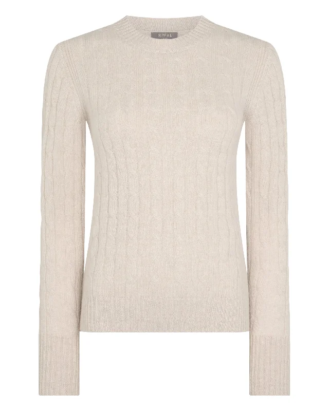 Women's Adelyn Cable Round Neck Cashmere Sweater Ecru White