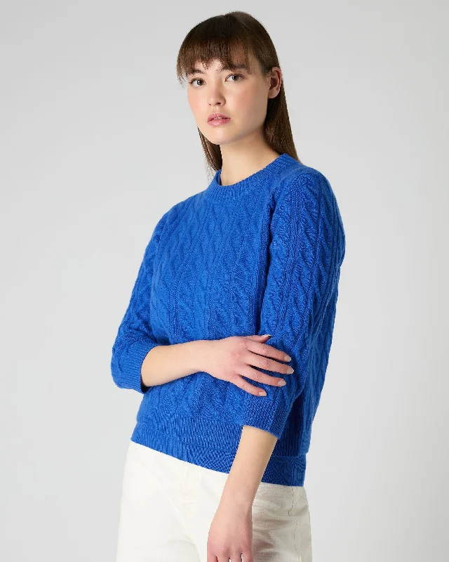 Women's Emilia Cable Round Neck Cashmere Sweater Sonic Blue