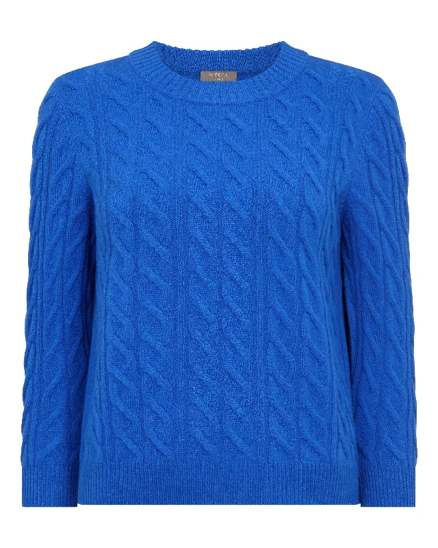 Women's Emilia Cable Round Neck Cashmere Sweater Sonic Blue