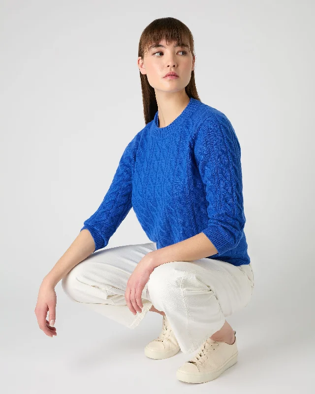 Women's Emilia Cable Round Neck Cashmere Sweater Sonic Blue