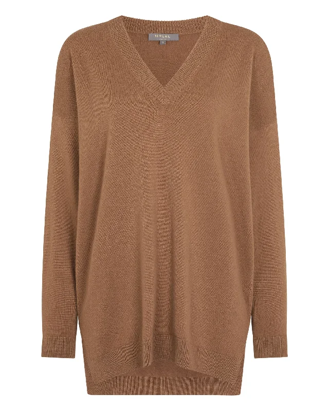 Women's Longline V Neck Cashmere Sweater Dark Camel Brown