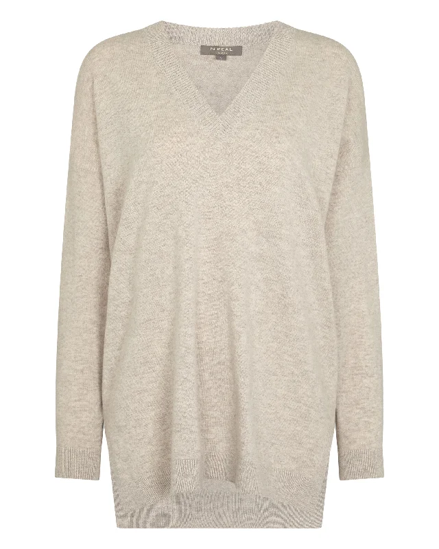 Women's Longline V Neck Cashmere Sweater Sand Brown