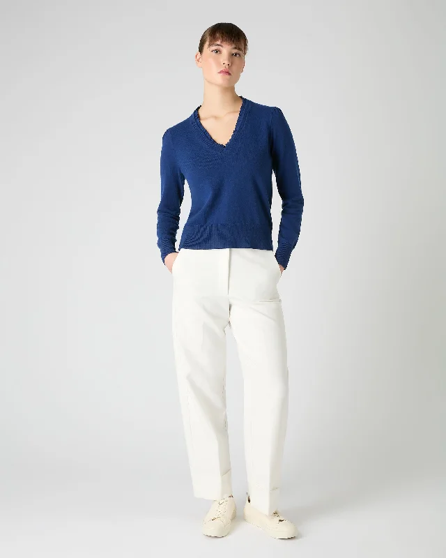 Women's Ruffle Trim V Neck Cashmere Sweater French Blue