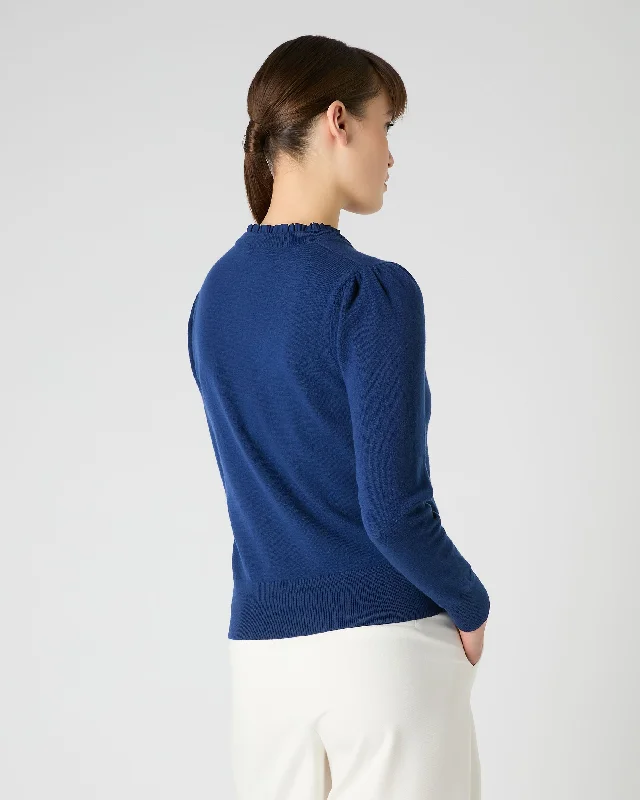 Women's Ruffle Trim V Neck Cashmere Sweater French Blue