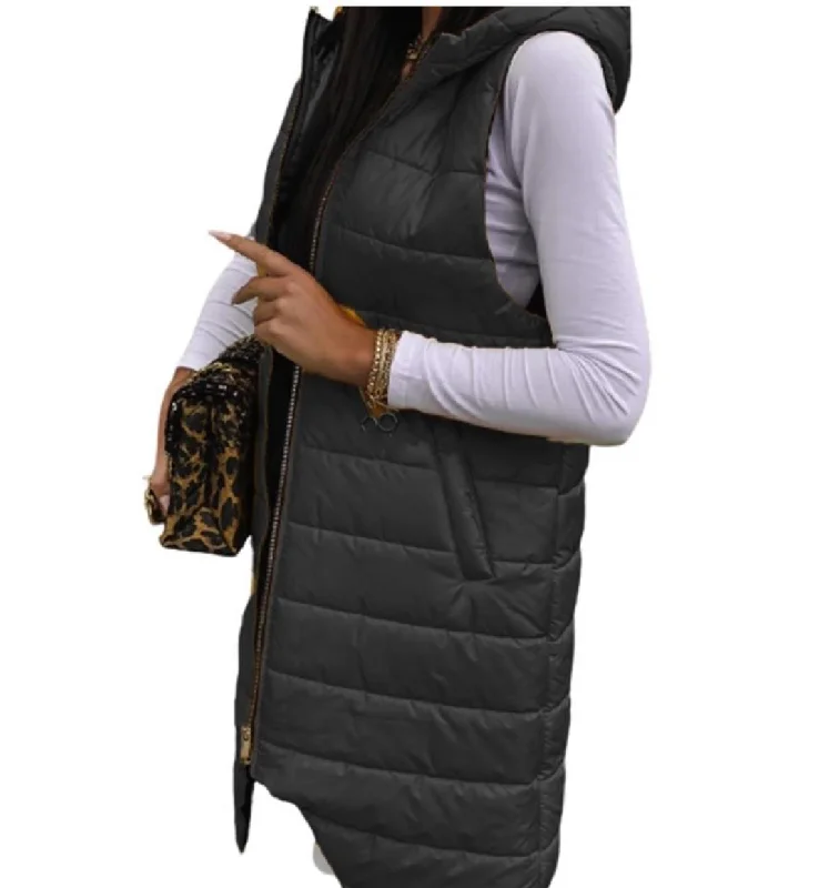 Cardigan Hooded Vest Single-breasted Sleeveless Pocket Mid-length Jacket +