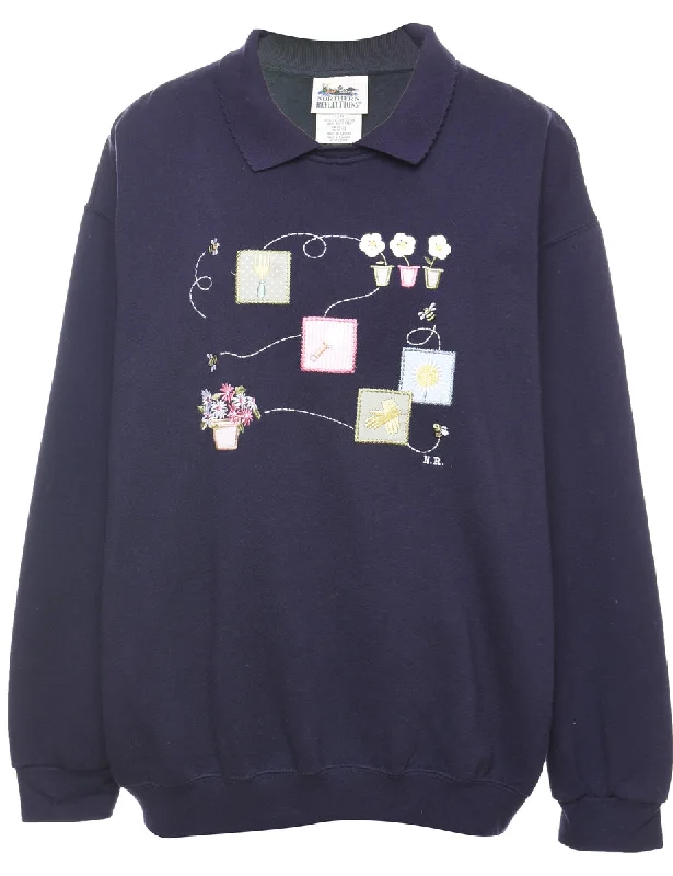 Floral Design Navy Embroidered Sweatshirt - L