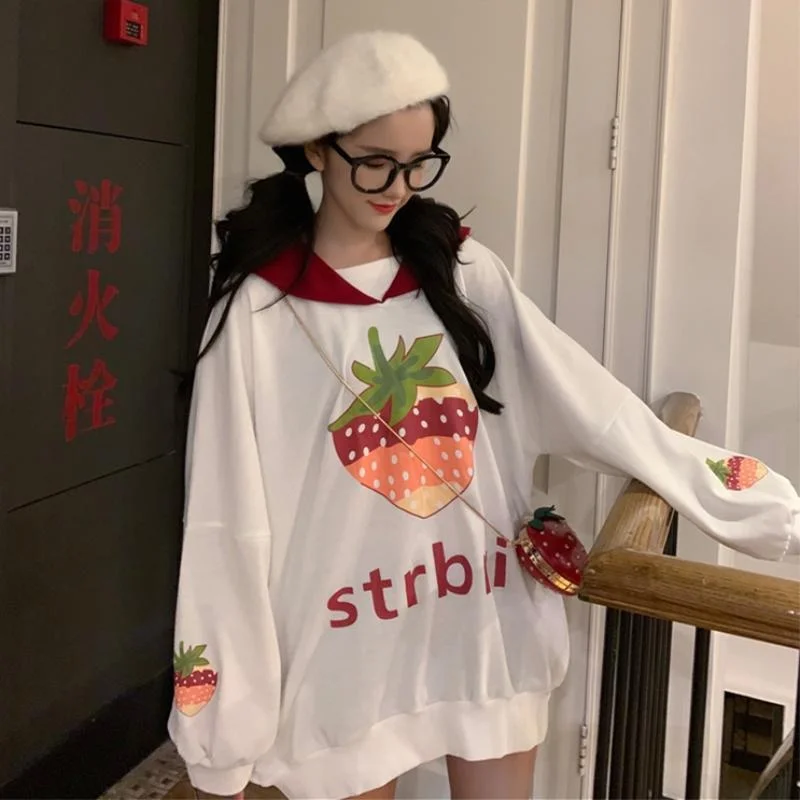 Strawberry Printed Loose Hoodies With Pocket