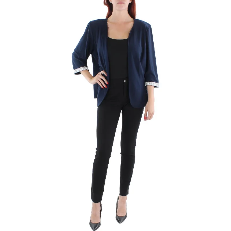 R&M Richards Womens Plus Knit Embellished Collarless Blazer