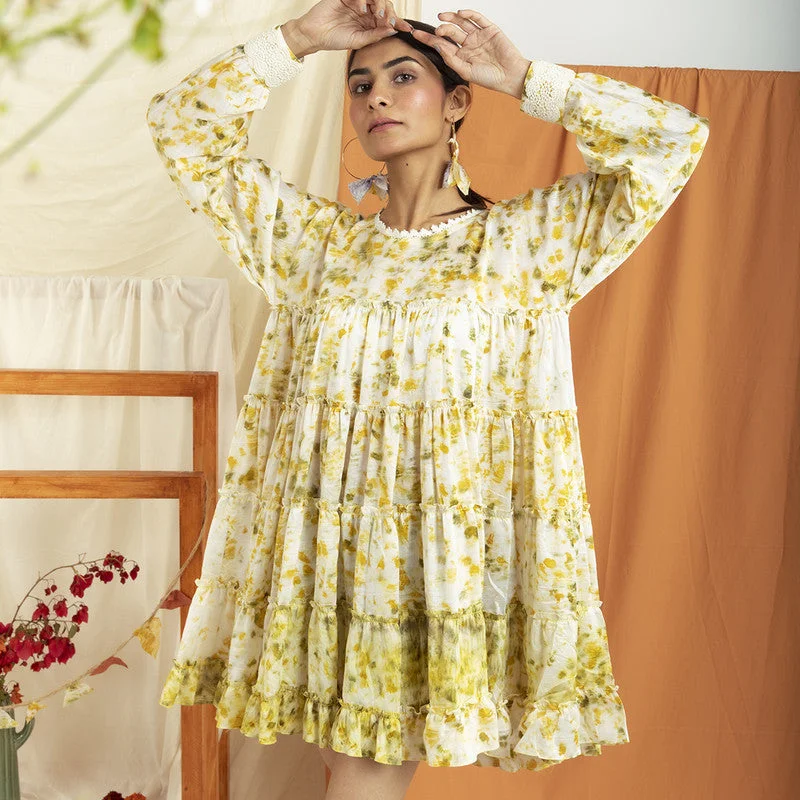 Chanderi Silk A-Line Dress | Yellow & White