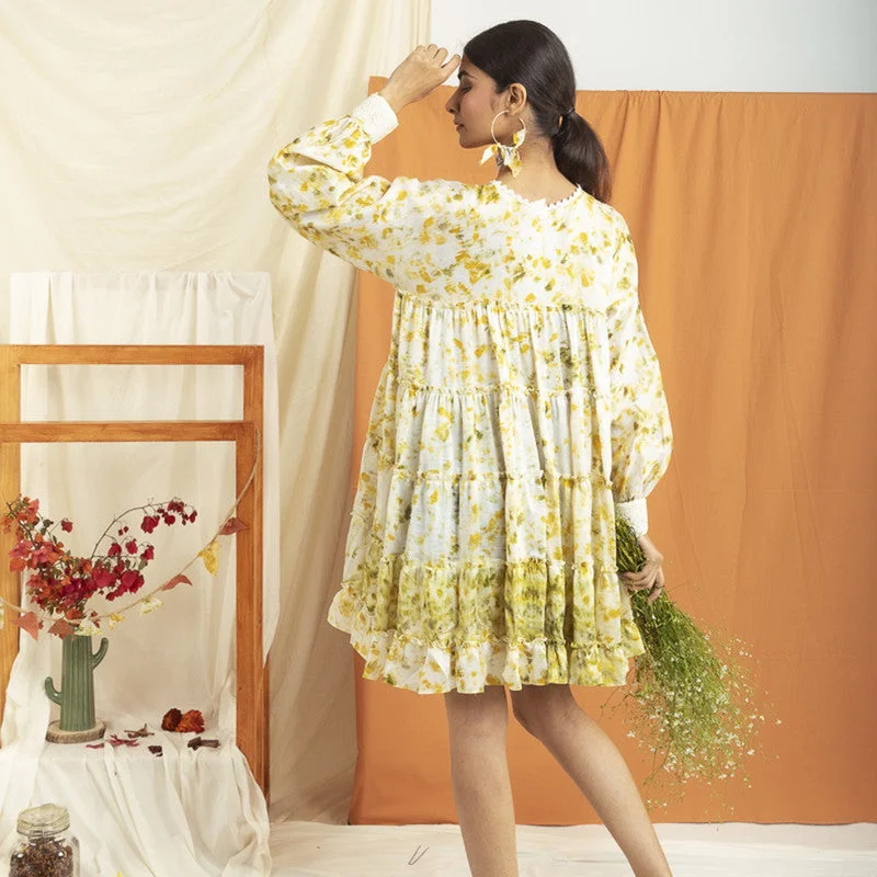 Chanderi Silk A-Line Dress | Yellow & White