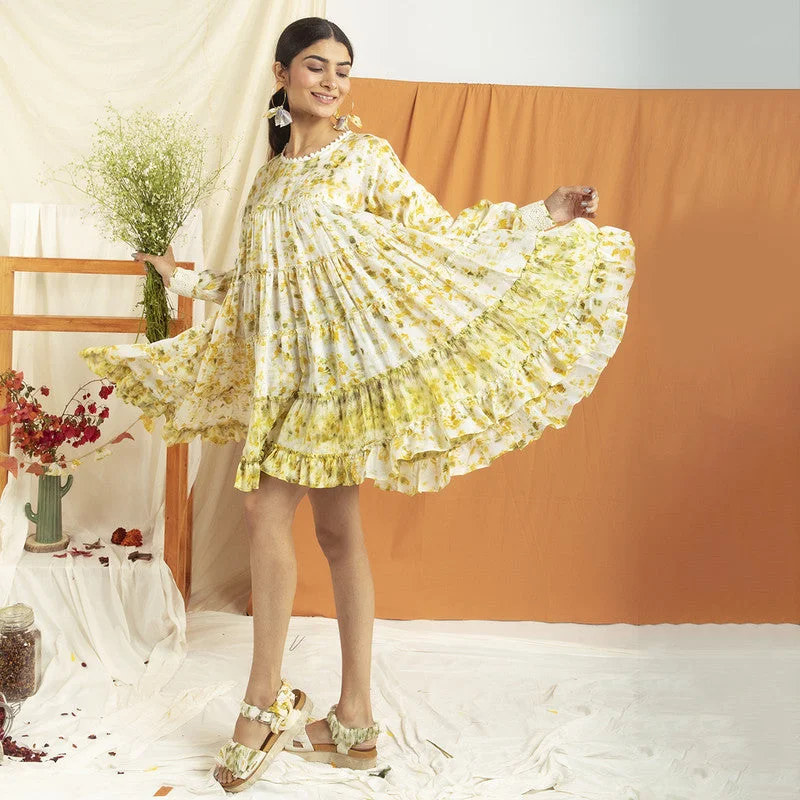 Chanderi Silk A-Line Dress | Yellow & White