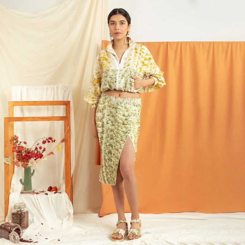 Chanderi Silk Botanical Printed Co-Ord Set | Yellow & White