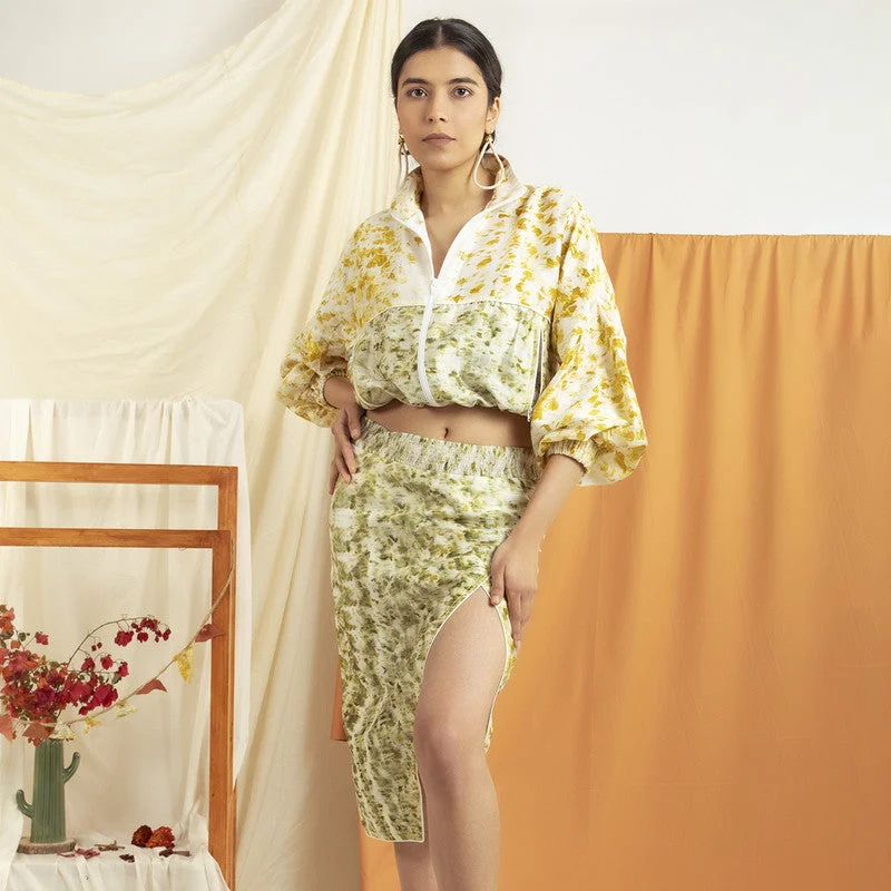 Chanderi Silk Botanical Printed Co-Ord Set | Yellow & White