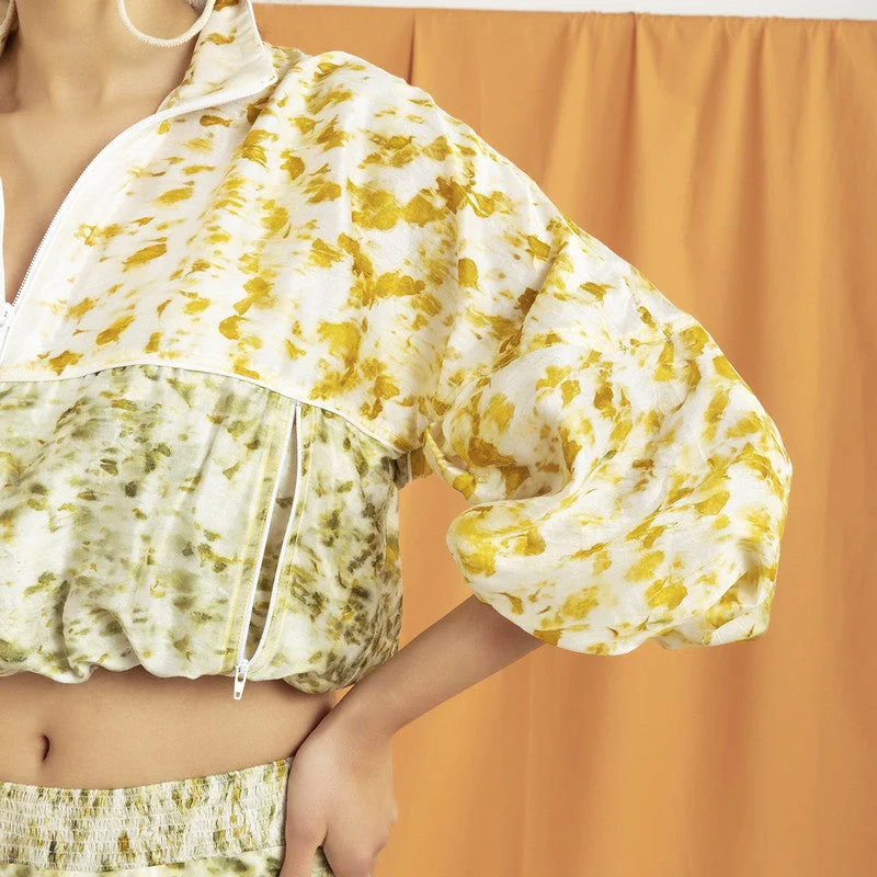 Chanderi Silk Botanical Printed Co-Ord Set | Yellow & White