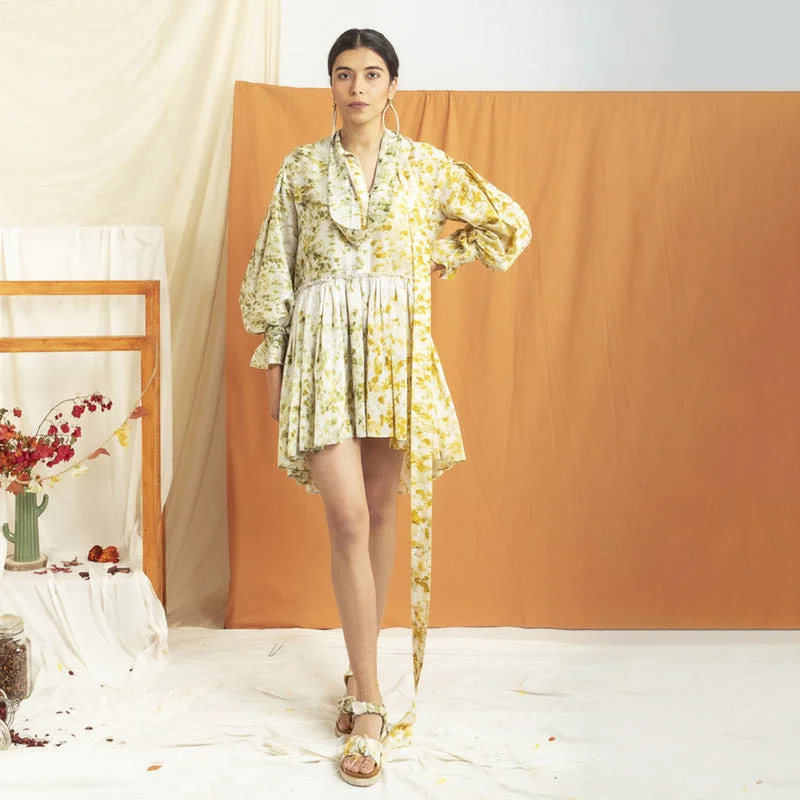 Chanderi Silk Printed Dress | Yellow & White