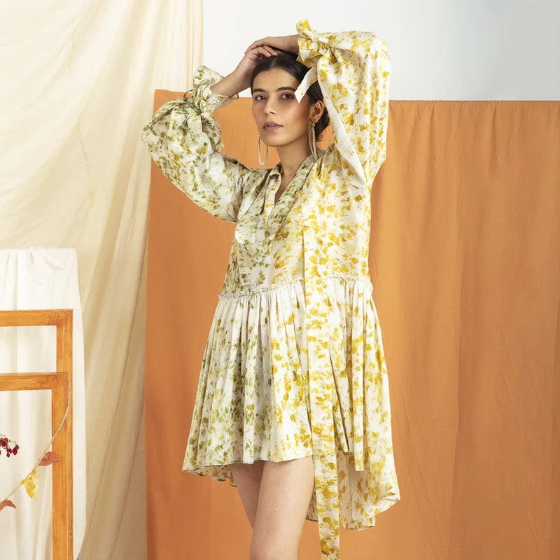 Chanderi Silk Printed Dress | Yellow & White