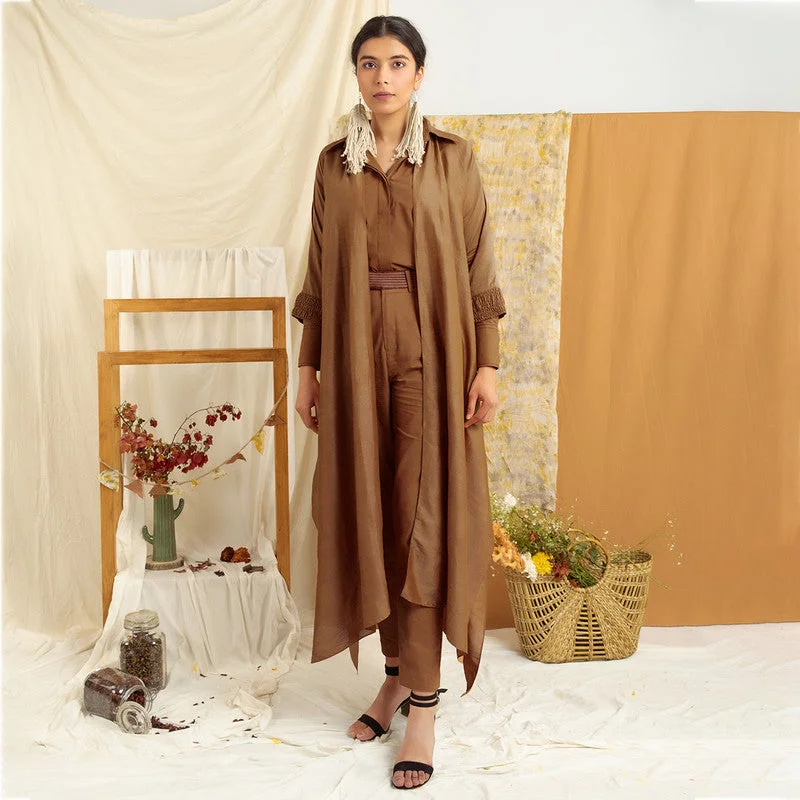 Cotton Co-Ord Set With Cape | Brown