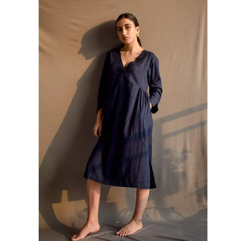 Handcrafted Silk Cotton Dress | Navy Blue