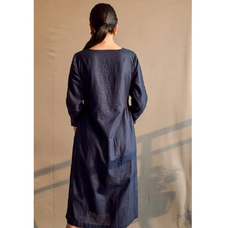 Handcrafted Silk Cotton Dress | Navy Blue