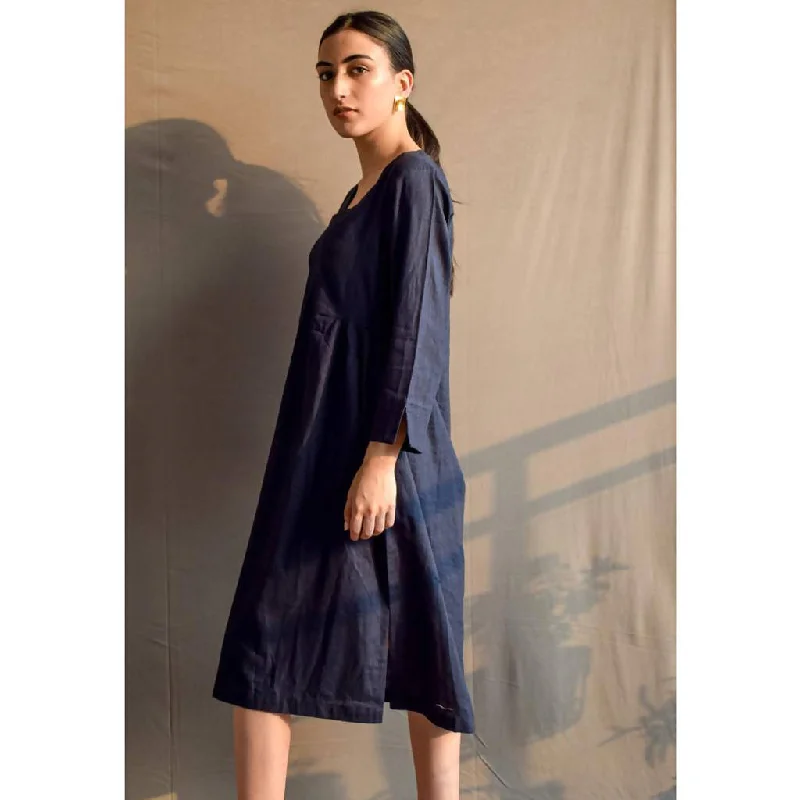 Handcrafted Silk Cotton Dress | Navy Blue