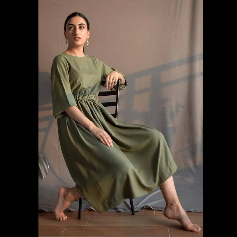 Handcrafted Spun Cotton Dress | Olive Green