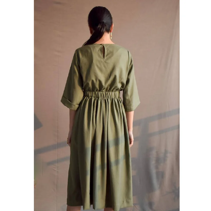 Handcrafted Spun Cotton Dress | Olive Green