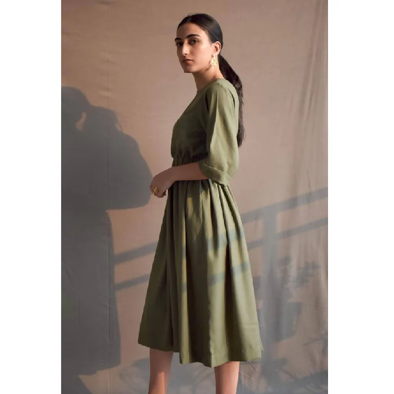 Handcrafted Spun Cotton Dress | Olive Green